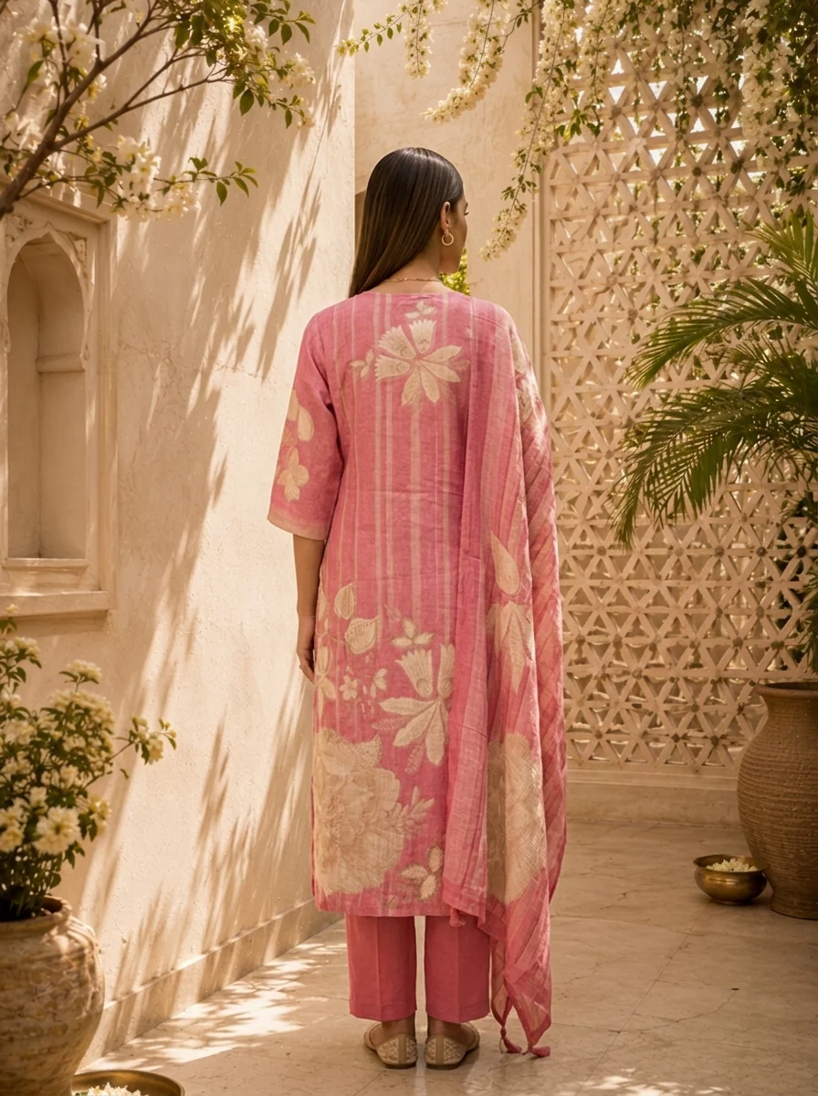 Rose Pink Floral Printed And Hand Embroidery Linen Three Piece Set - Image 3