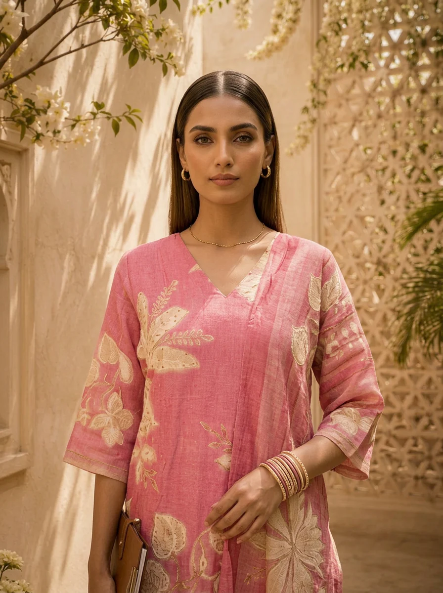Rose Pink Floral Printed And Hand Embroidery Linen Three Piece Set - Image 4
