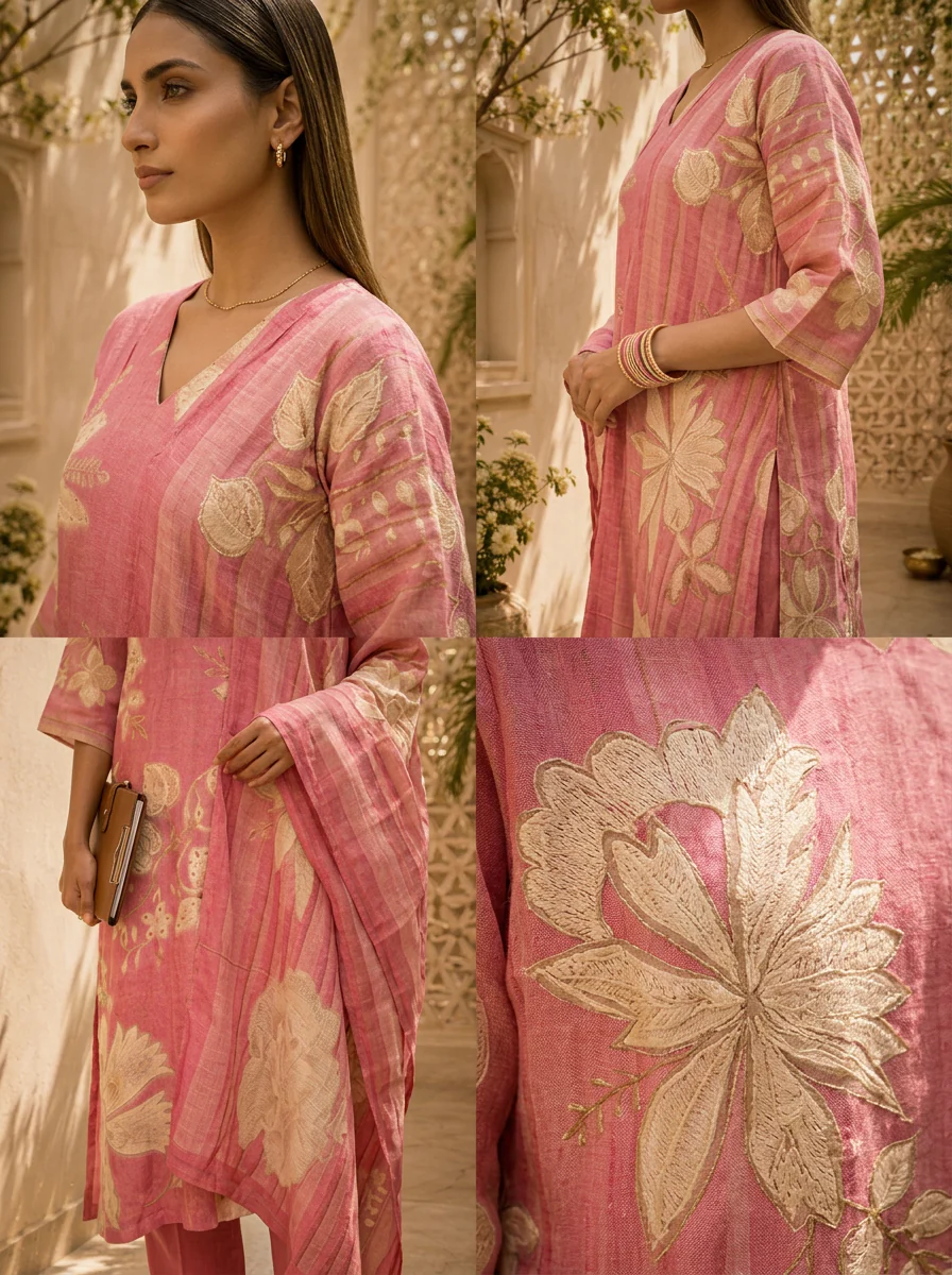 Rose Pink Floral Printed And Hand Embroidery Linen Three Piece Set - Image 5