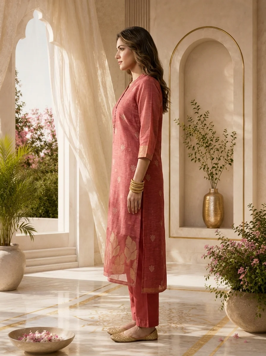 Rose Pink Silk Two Piece Set With Gold Leaf Motifs - Image 3