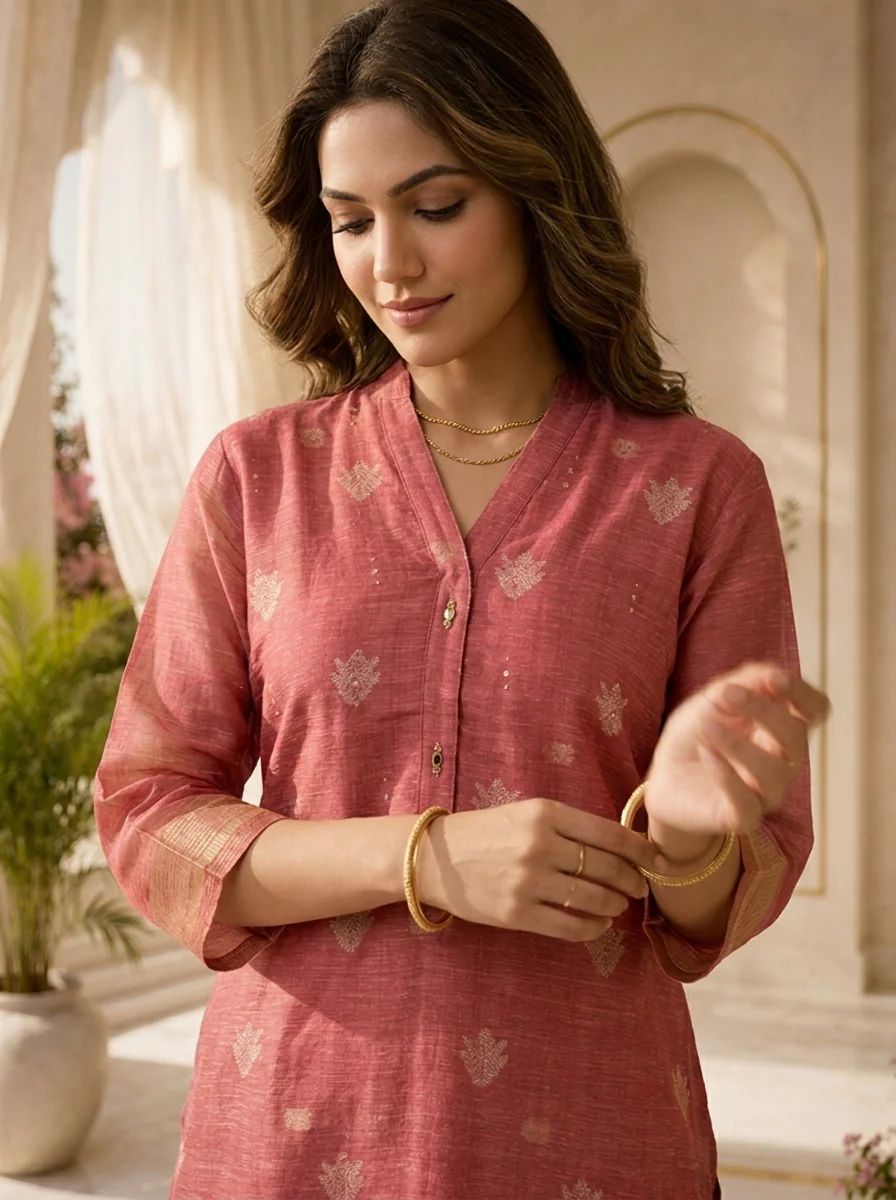 Rose Pink Silk Two Piece Set With Gold Leaf Motifs - Image 4