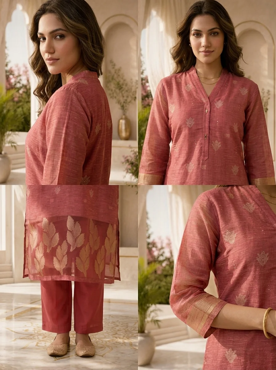 Rose Pink Silk Two Piece Set With Gold Leaf Motifs - Image 5
