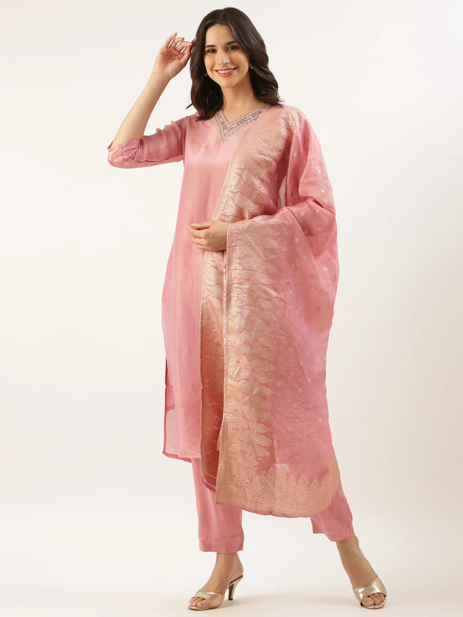 Rose Pink Tissue Hand Embroidery Three Piece Suit Set - Image 5