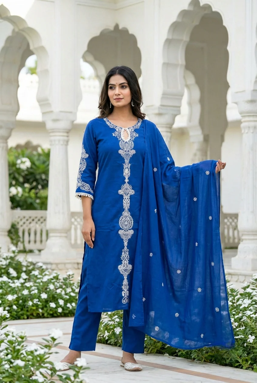 Royal Blue Cotton Embroidery Three Piece Set