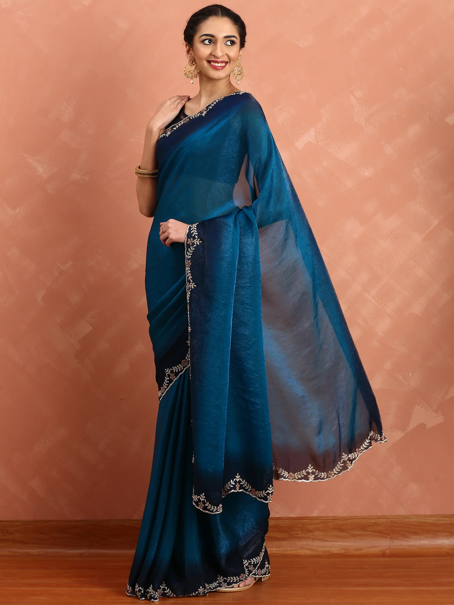 Royal blue jimmy tissue saree with Swarovski embroidery - Image 2