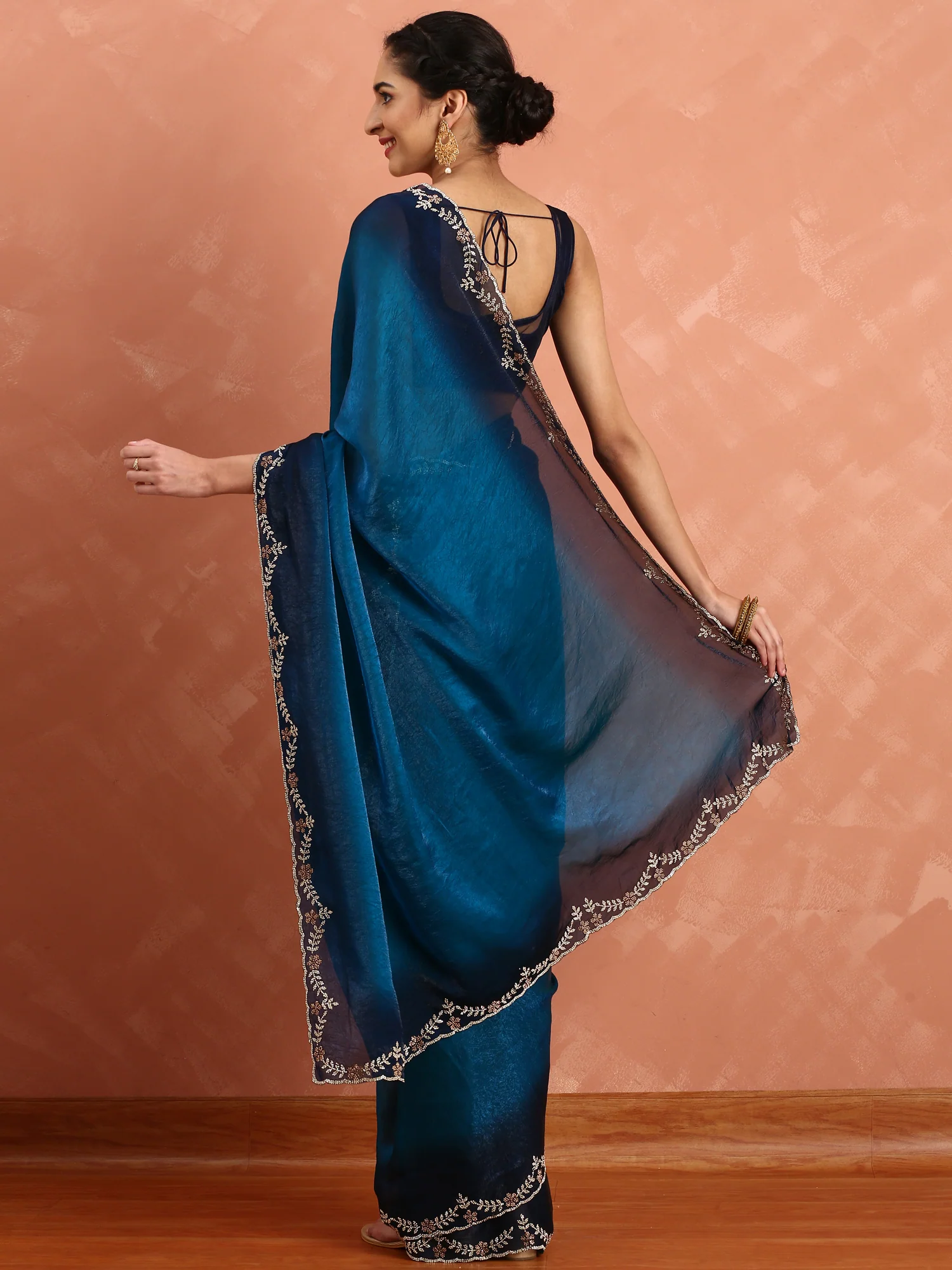Royal blue jimmy tissue saree with Swarovski embroidery - Image 3