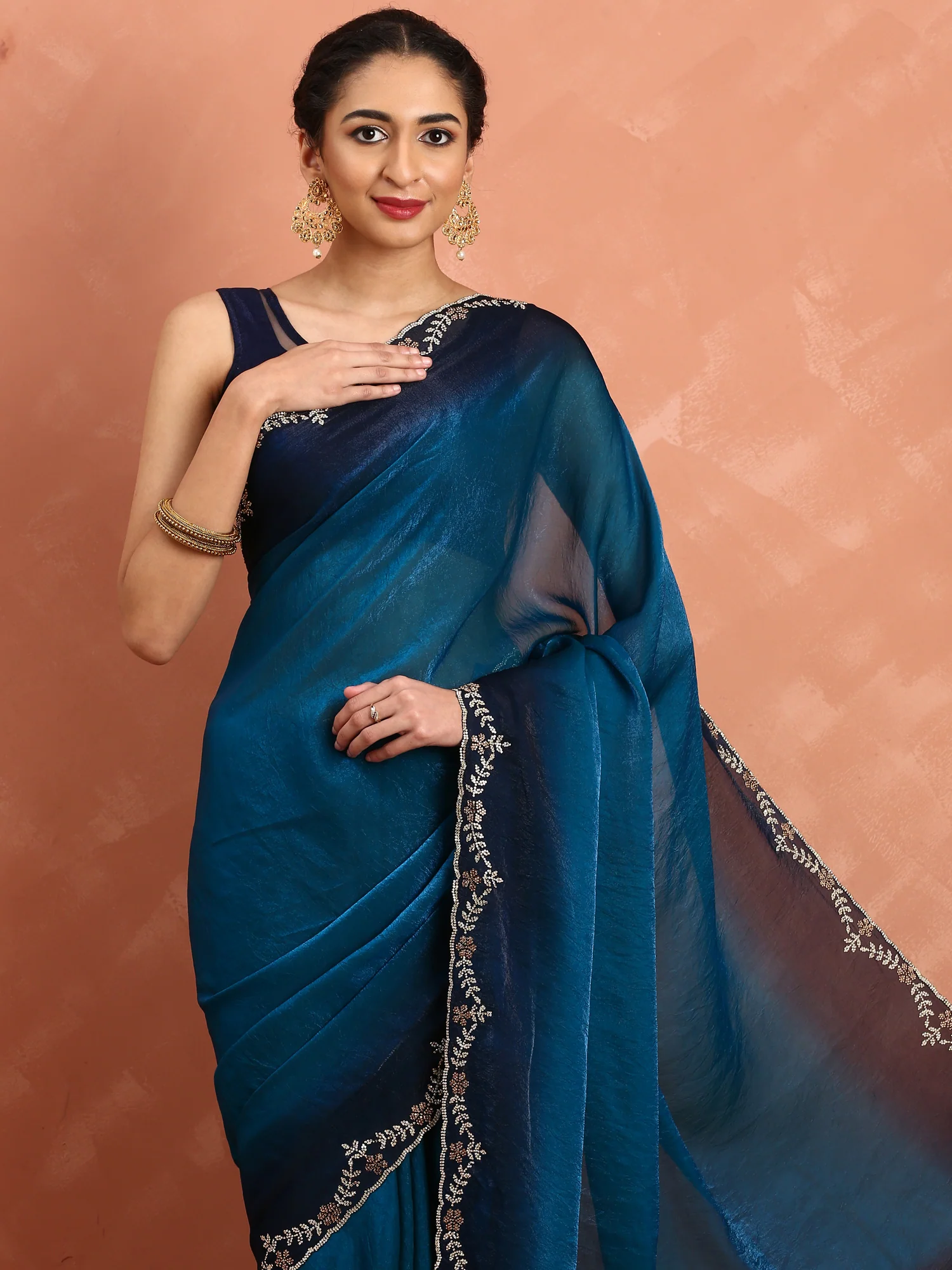 Royal blue jimmy tissue saree with Swarovski embroidery - Image 4