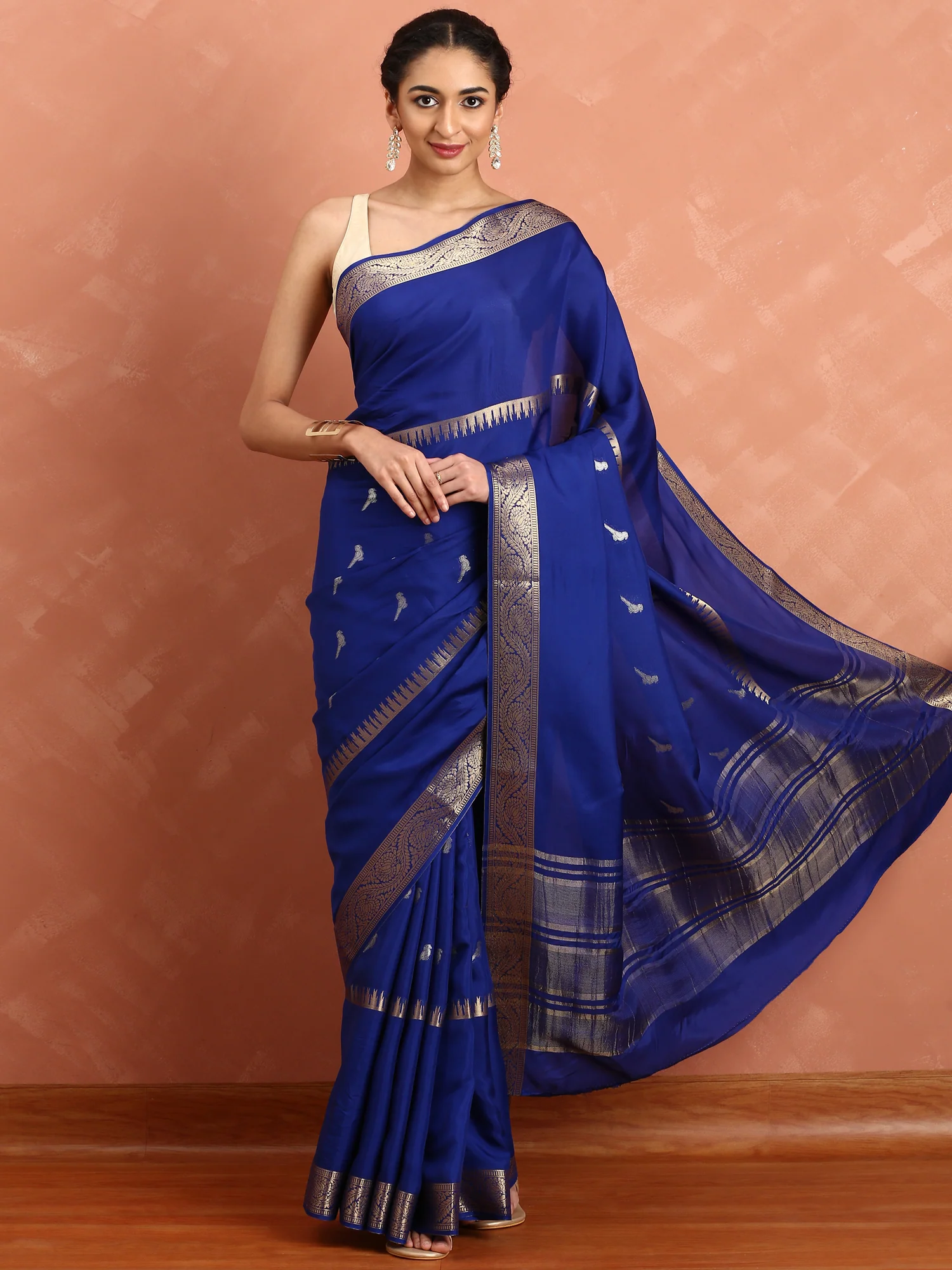 Royal blue mysore silk saree with pichvai motifs - Image 2