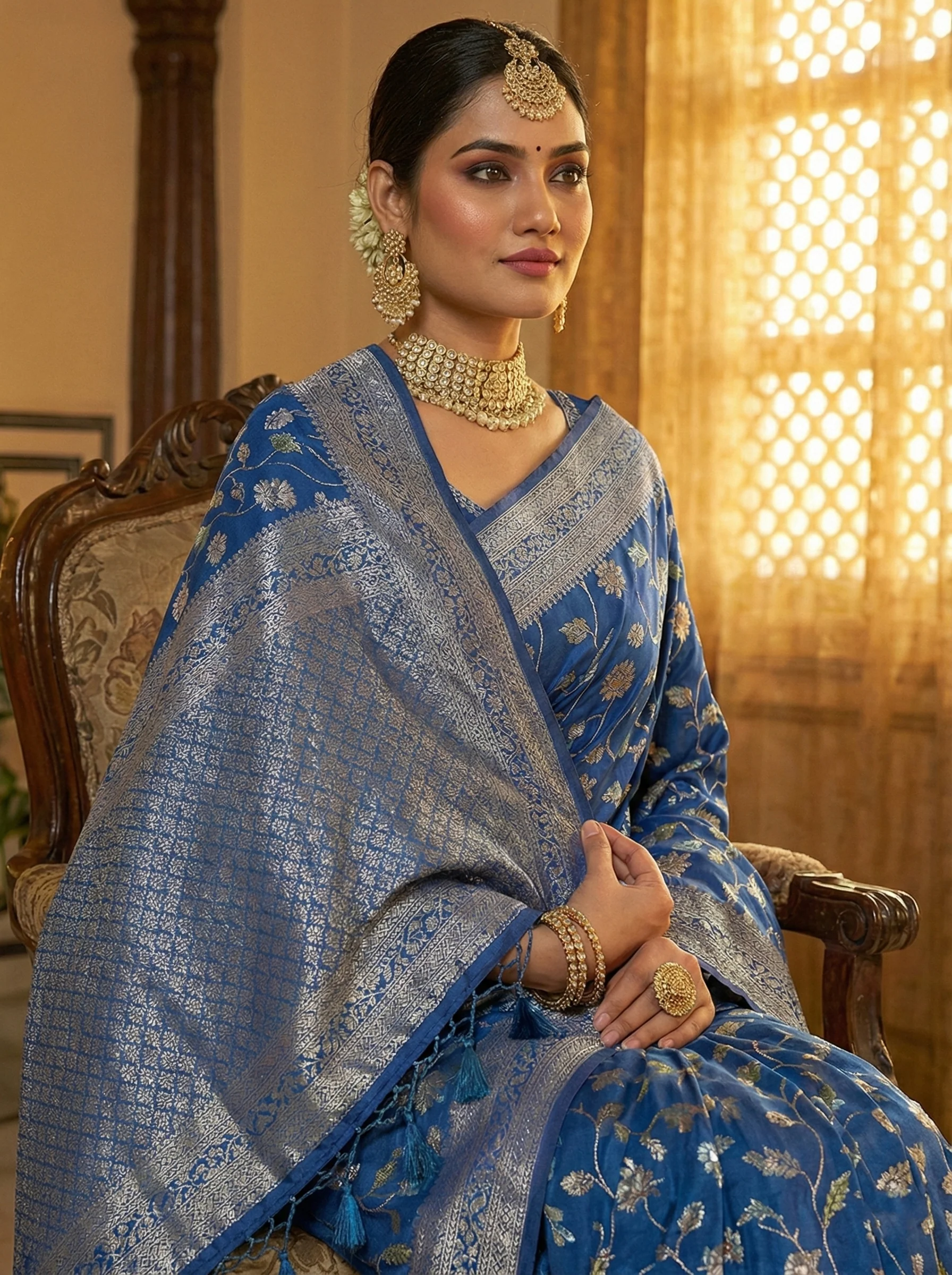Royal Blue Silk Floral Digital Print Saree - Image 2