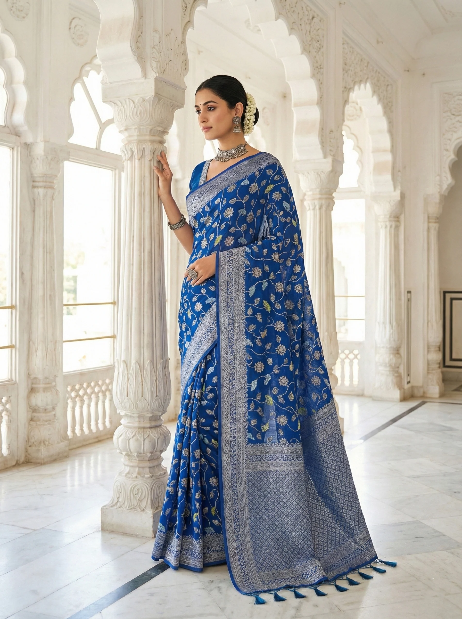 Royal Blue Silk Floral Digital Print Saree - Image 3