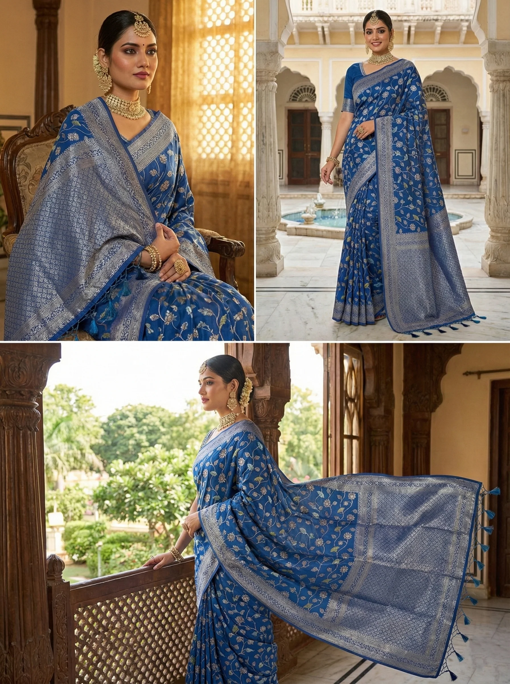 Royal Blue Silk Floral Digital Print Saree - Image 5