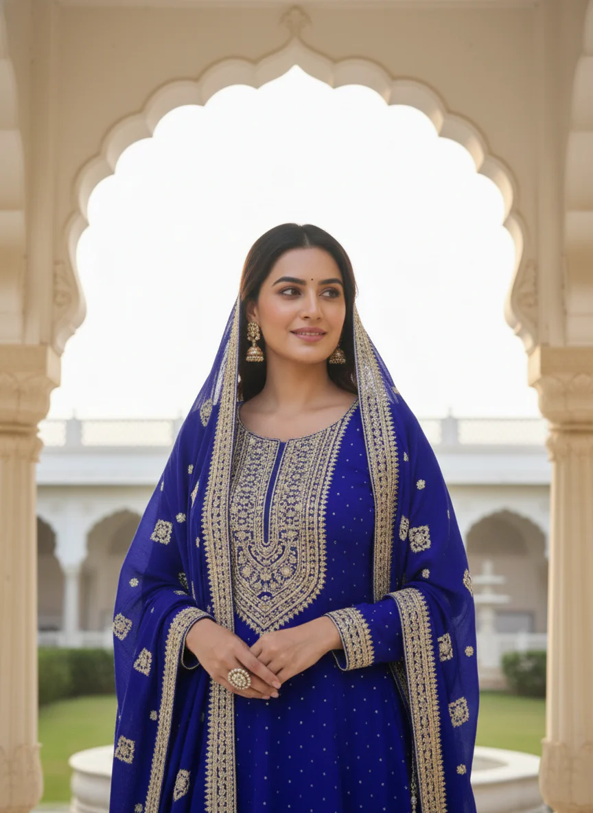 Royal Blue Silk Heavy Zari Embroidery Anarkali Set - Image 3