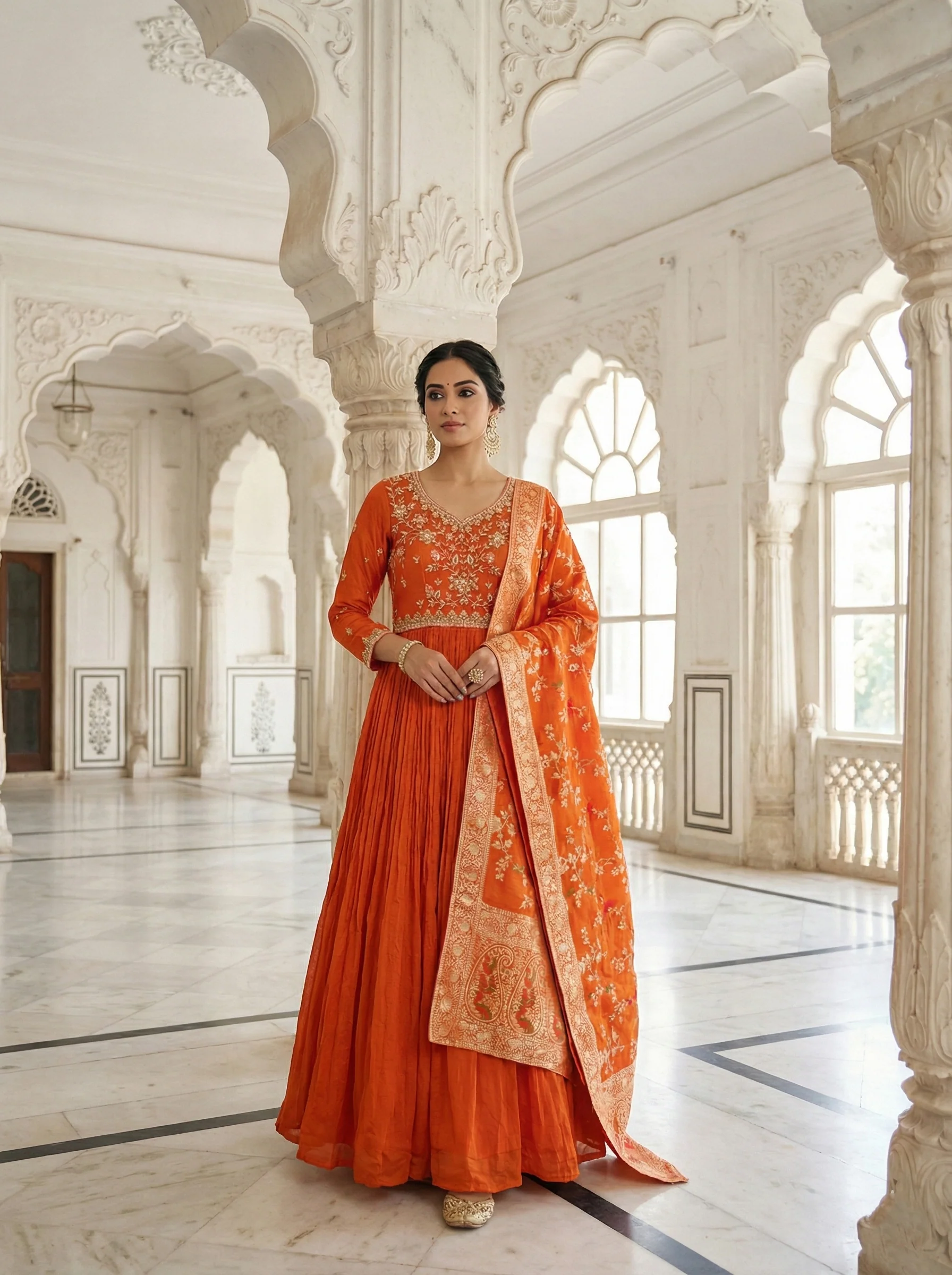 Rust Chinon Heavy Zari Embroidered Anarkali Set