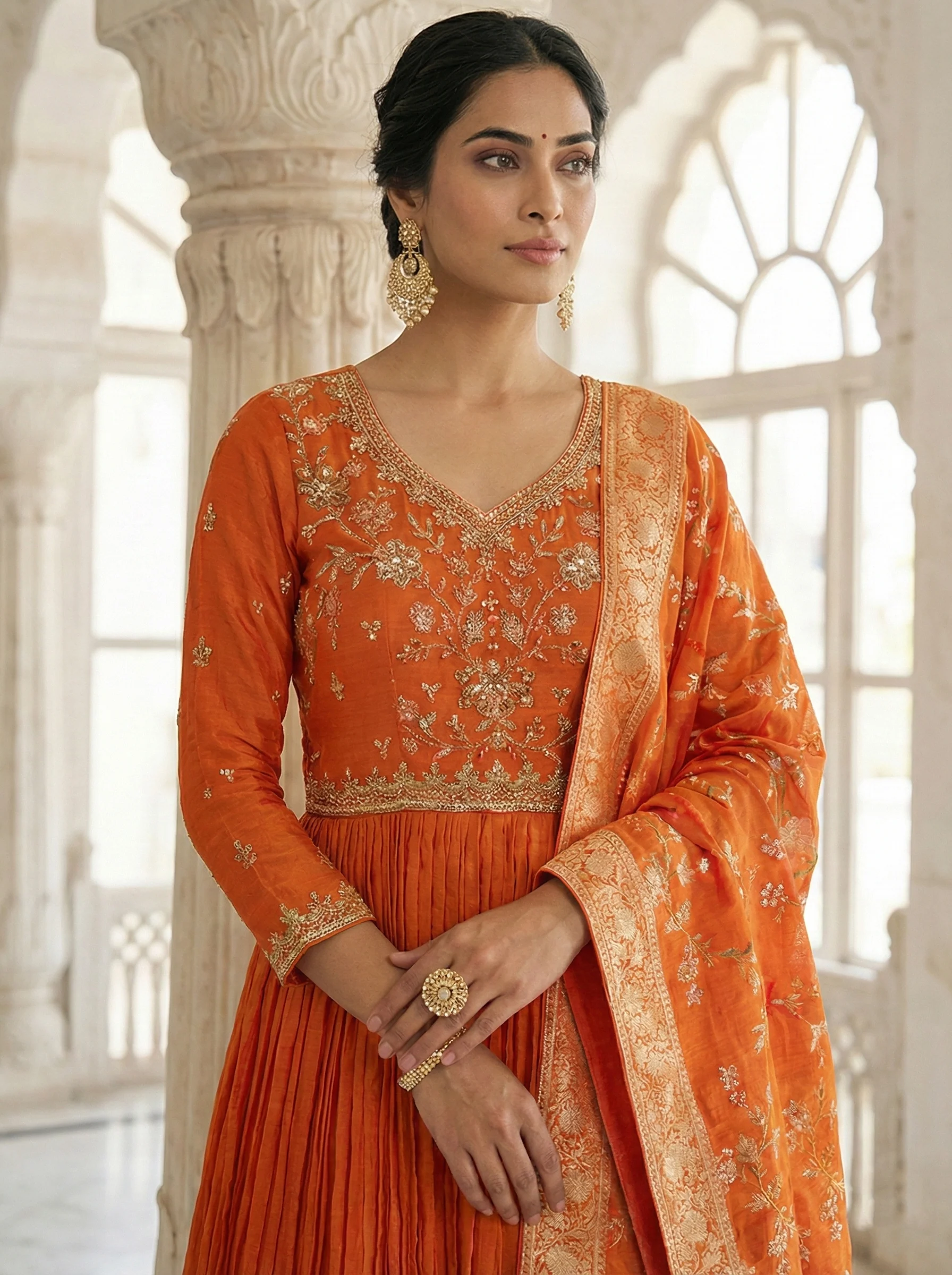 Rust Chinon Heavy Zari Embroidered Anarkali Set - Image 3