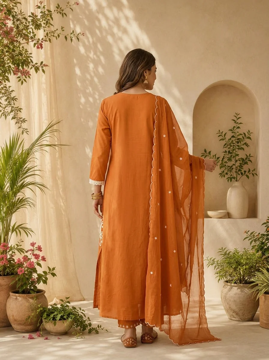 Rust Cotton Embroidered Three Piece Set With Coordinated Dupatta - Image 3
