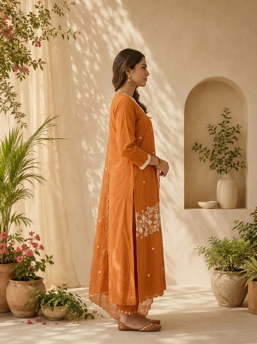 Rust Cotton Embroidered Three Piece Set With Coordinated Dupatta - Image 4