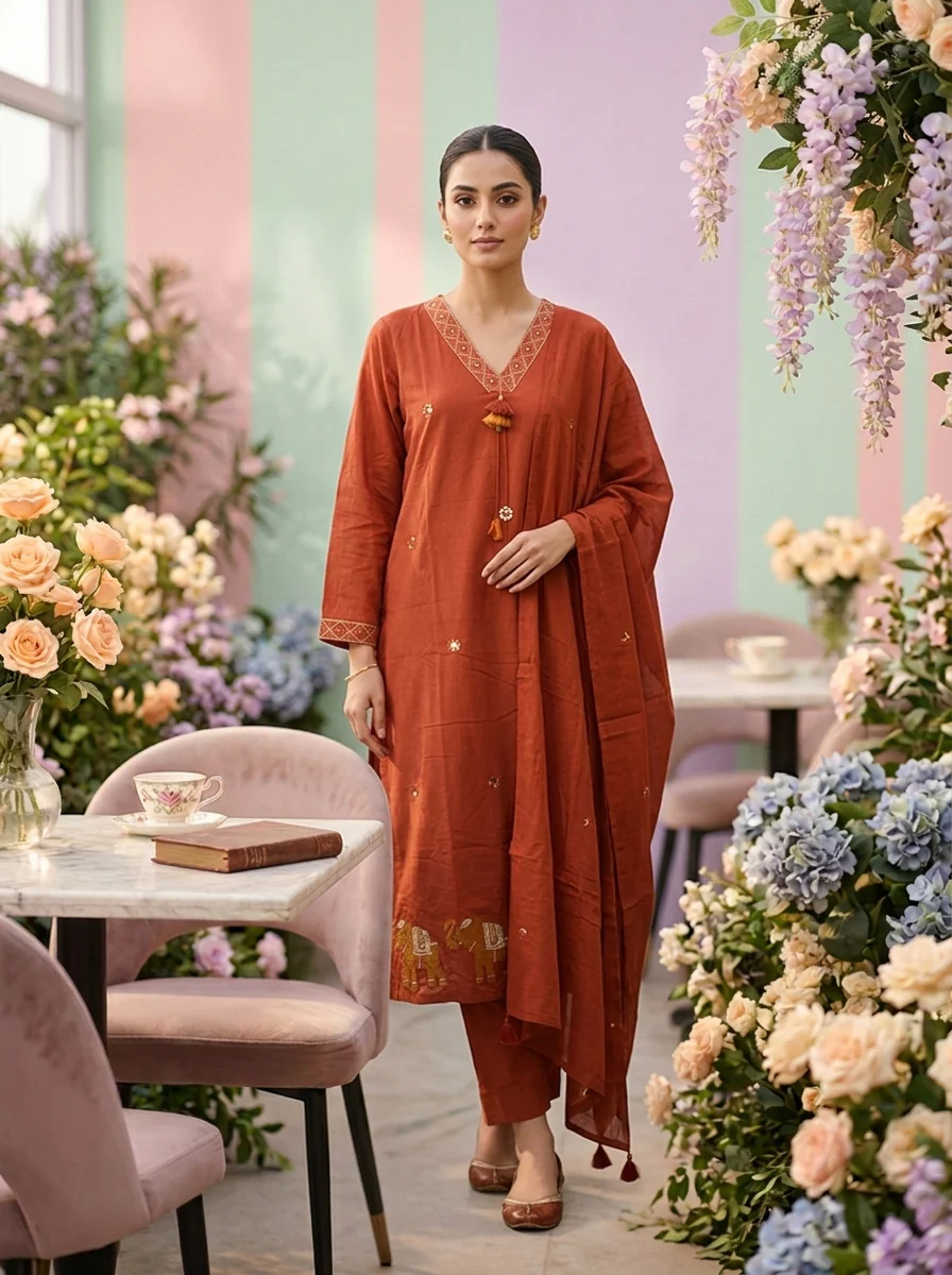 Rust Cotton Embroidery Three Piece Set