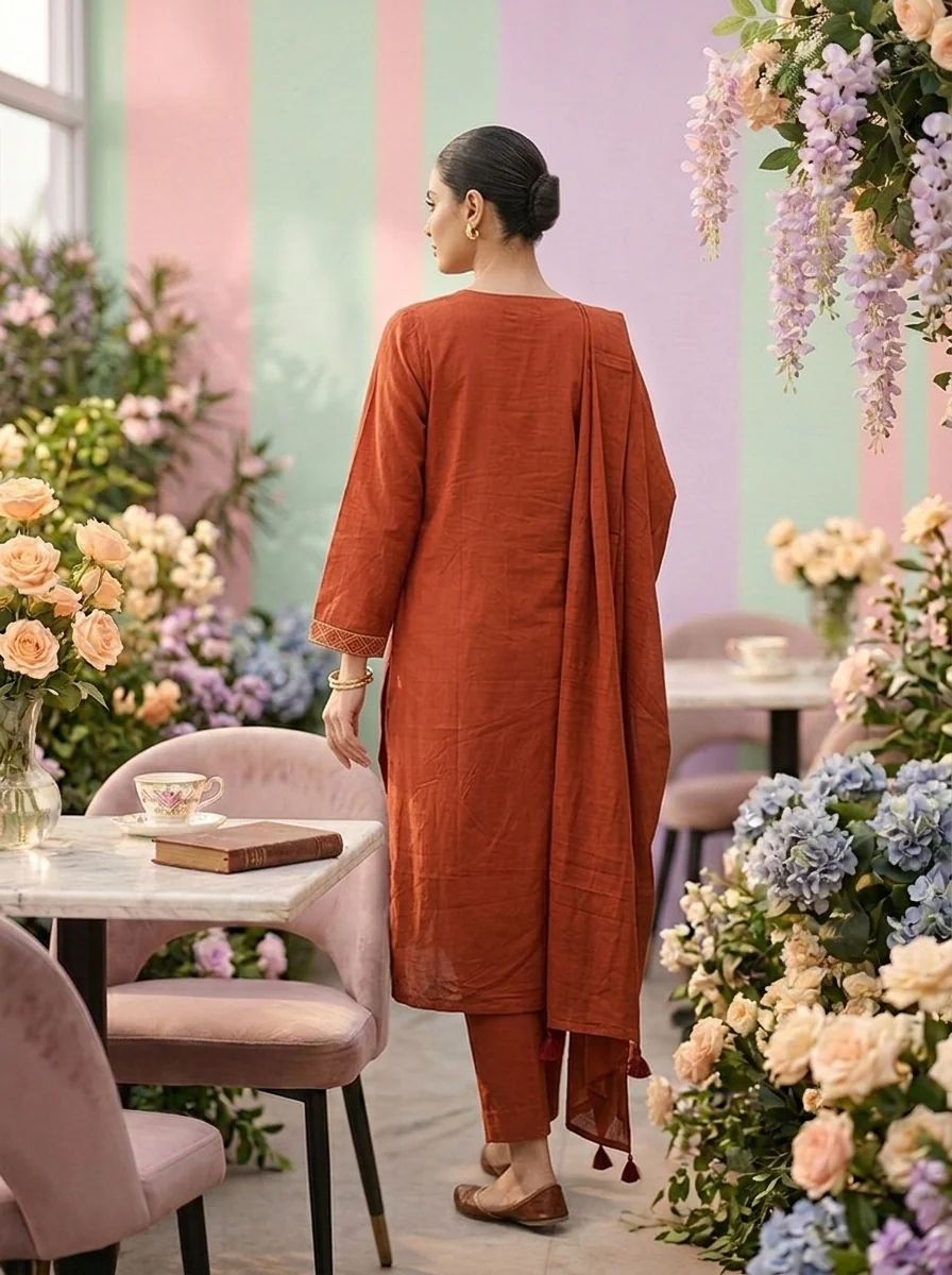 Rust Cotton Embroidery Three Piece Set - Image 2