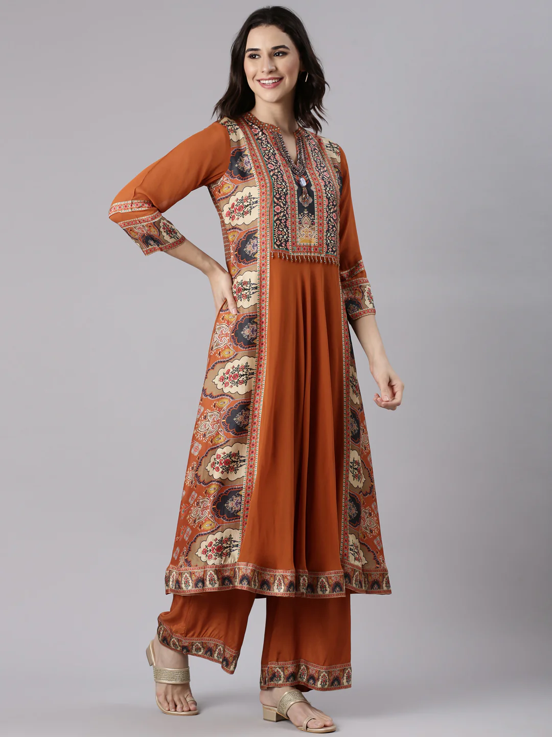 Rust Georgette Printed Three Piece Set - Image 2