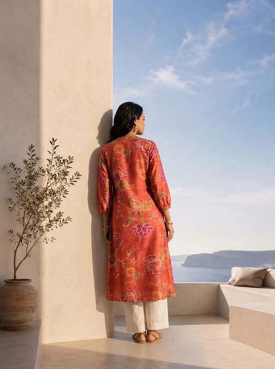 Rust Hand Embroidered And Pleated Design Muslin Fabric Kurta - Image 2