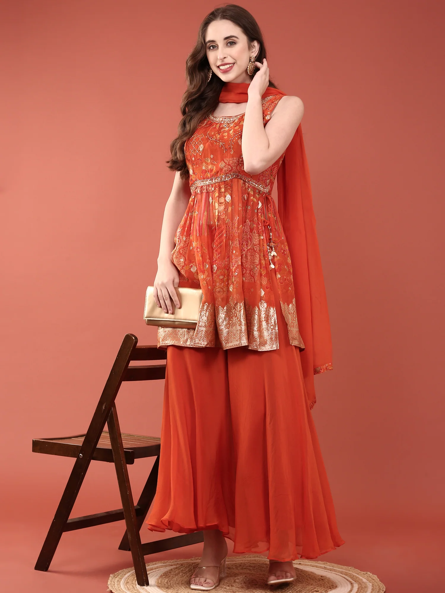 Rust Organza Digital Print With Palazzo Set