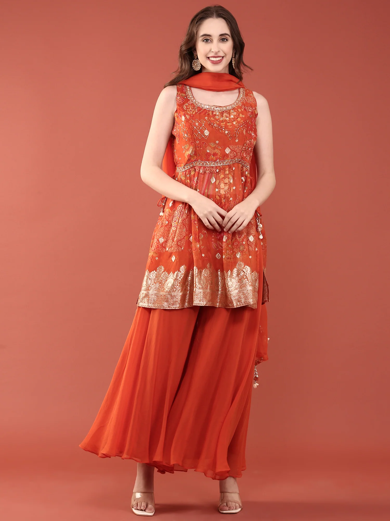 Rust Organza Digital Print With Palazzo Set - Image 2