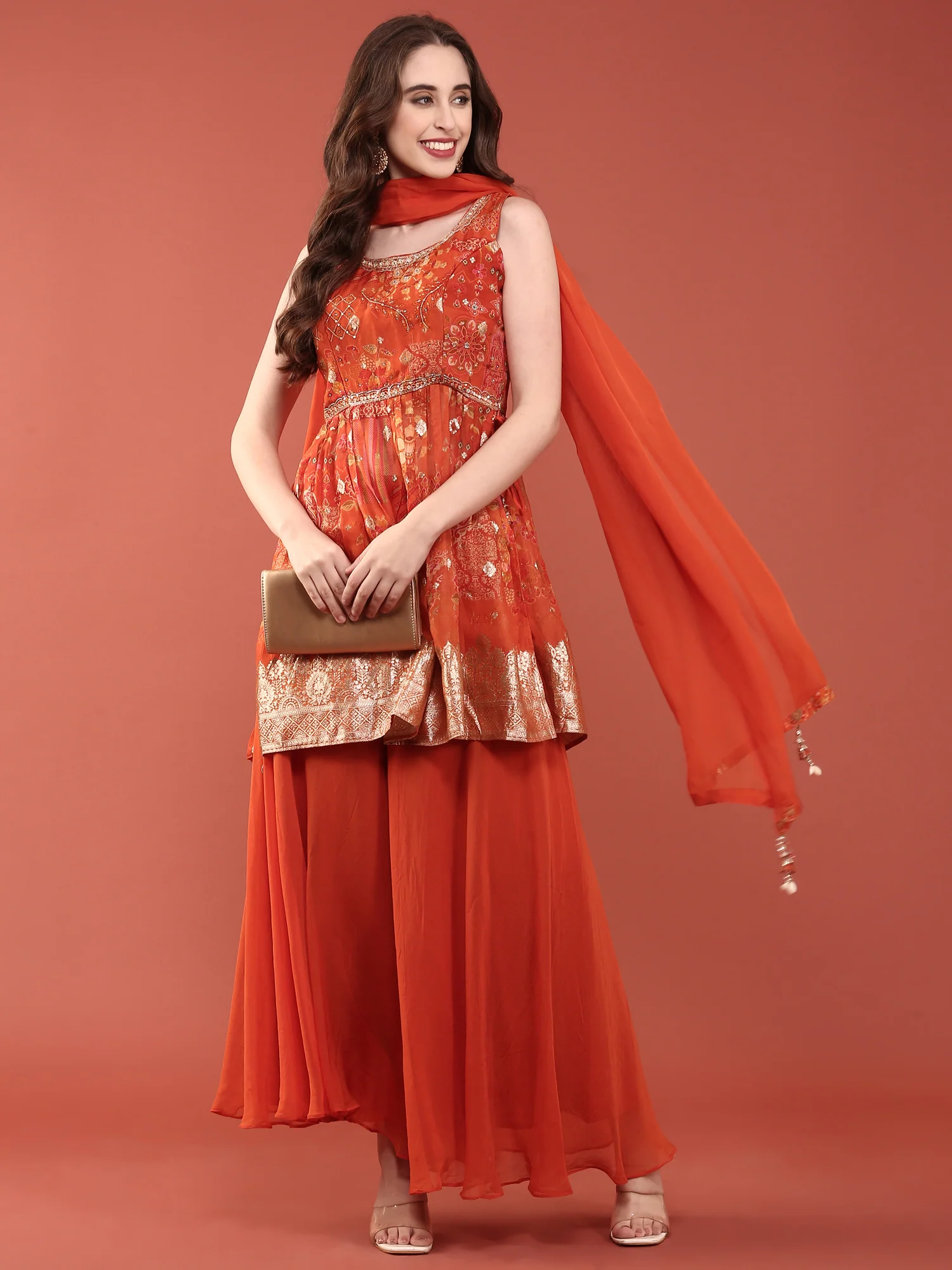 Rust Organza Digital Print With Palazzo Set - Image 6