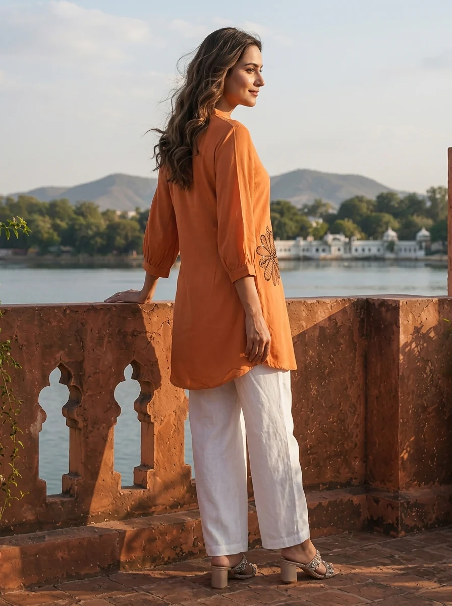 Rust Rayon Floral Applique Motifs Embroidered Tunic Top - Image 2