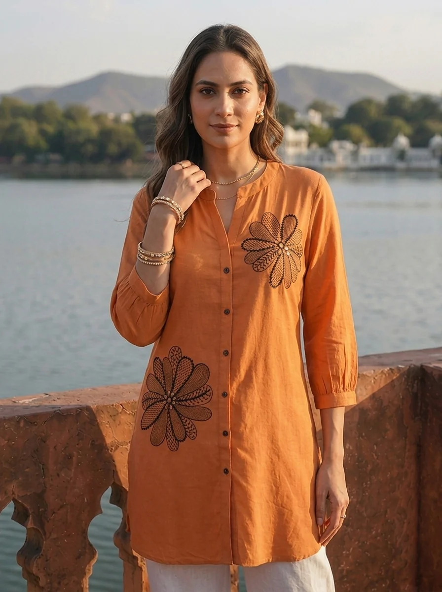 Rust Rayon Floral Applique Motifs Embroidered Tunic Top - Image 4