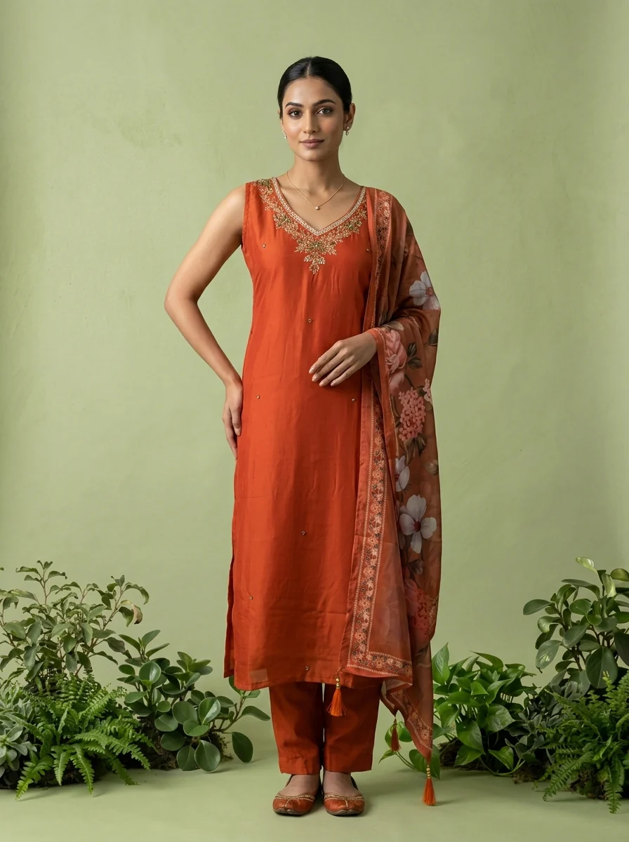 Rust Silk Floral Beads And Thread Embroidered Three Piece Set - Image 2