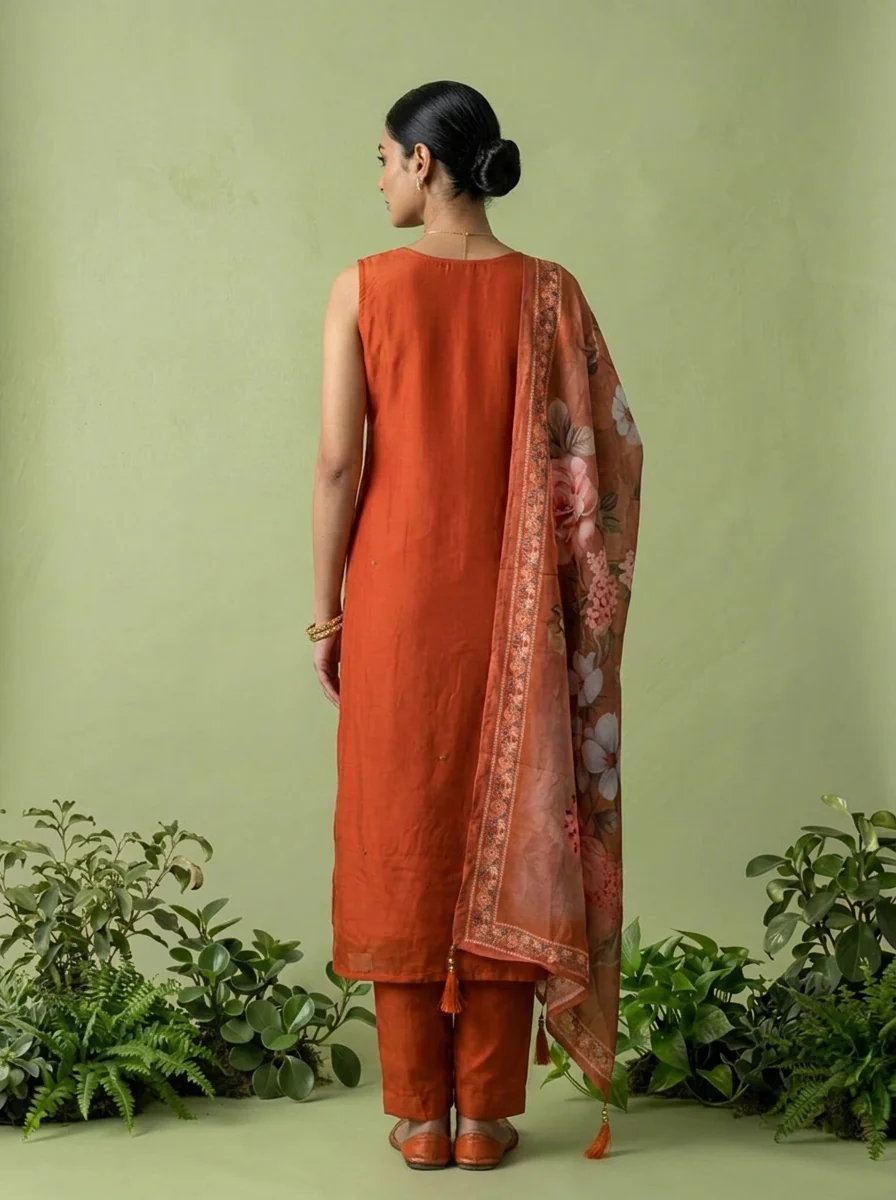 Rust Silk Floral Beads And Thread Embroidered Three Piece Set - Image 3