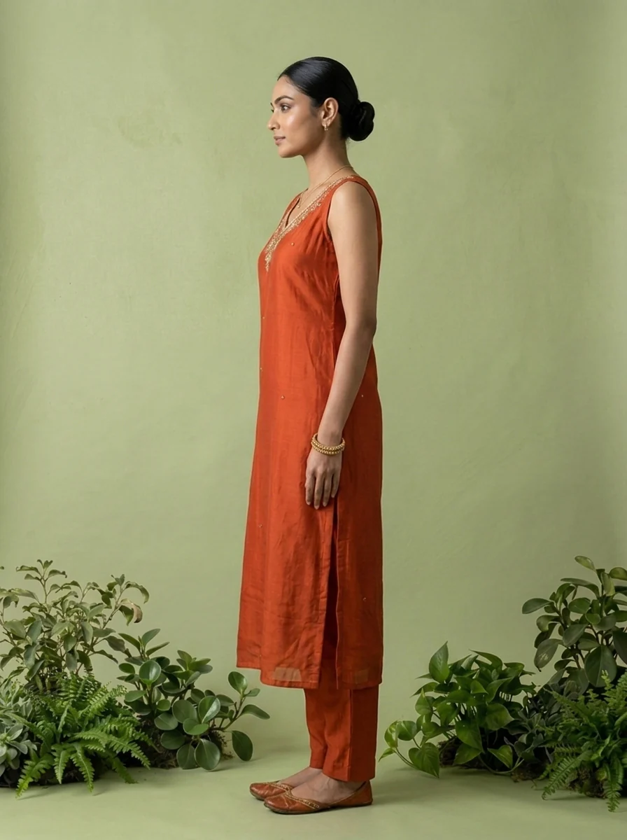 Rust Silk Floral Beads And Thread Embroidered Three Piece Set - Image 4
