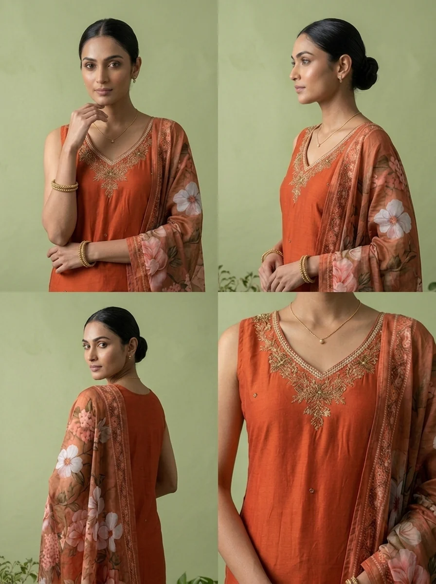 Rust Silk Floral Beads And Thread Embroidered Three Piece Set - Image 5