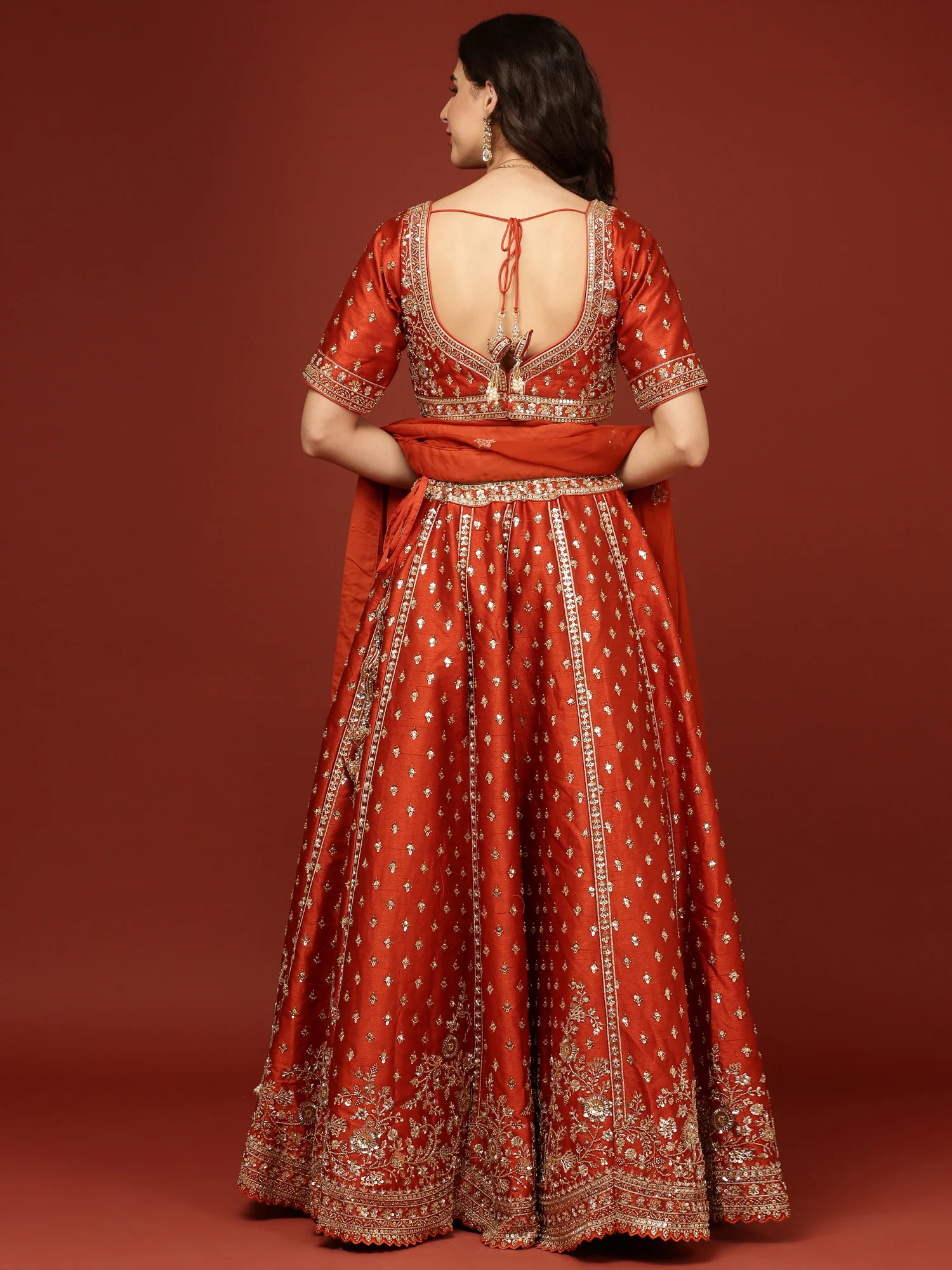 Rust Silk Hand Embroidery Floral Motifs Ghagra Set - Image 3