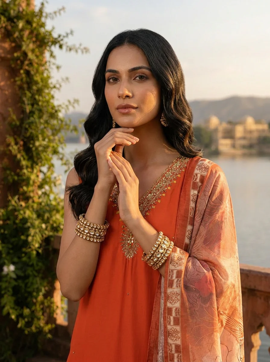 Rust Silk Zardosi Embroidery Three Piece Set - Image 5