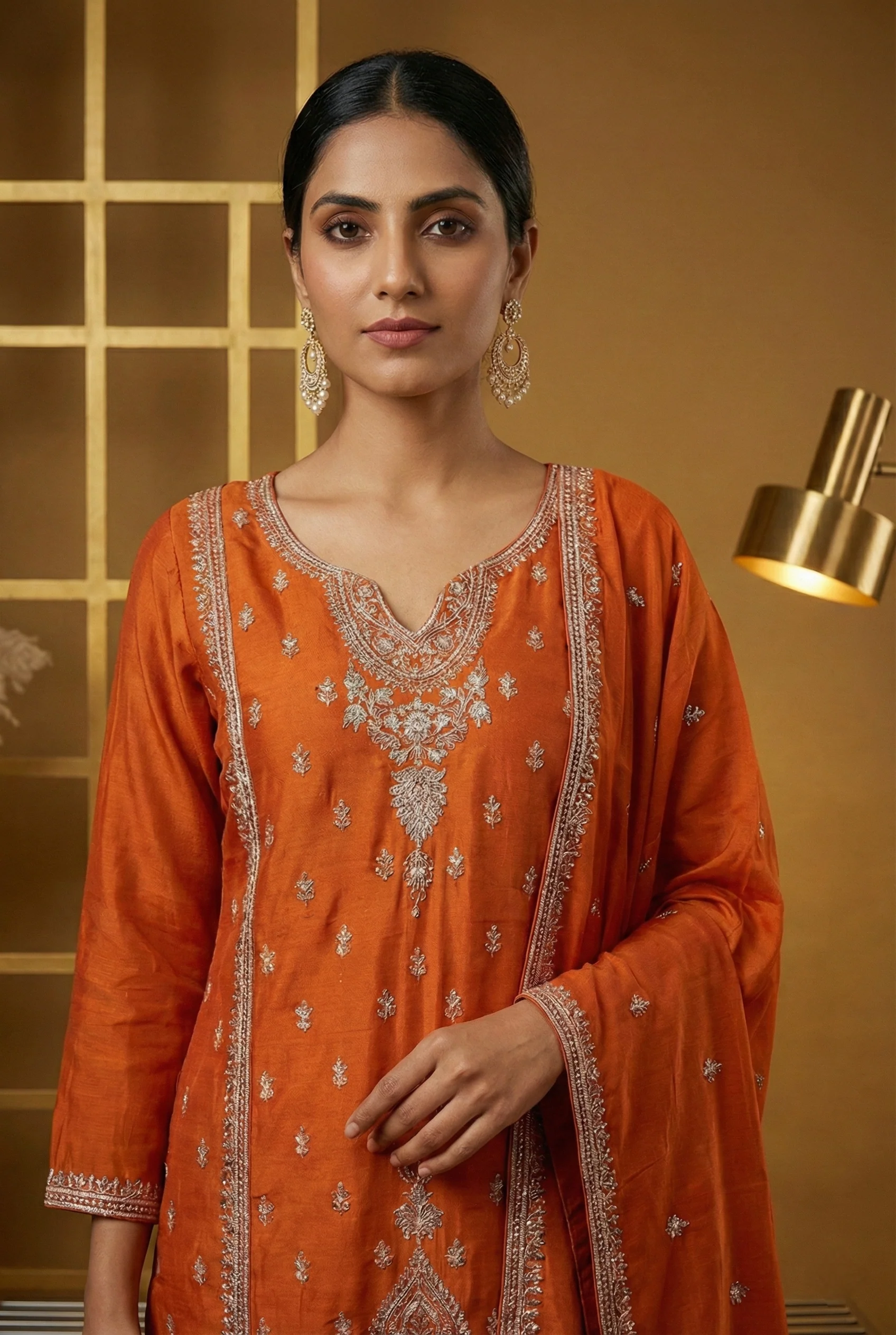 Rust Vichitra Silk Floral Embroidery Three Piece Set - Image 2