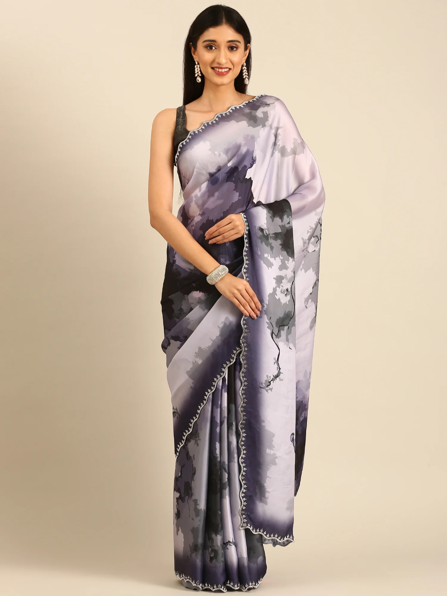 Satin Printed Saree With Swarovski embroidery