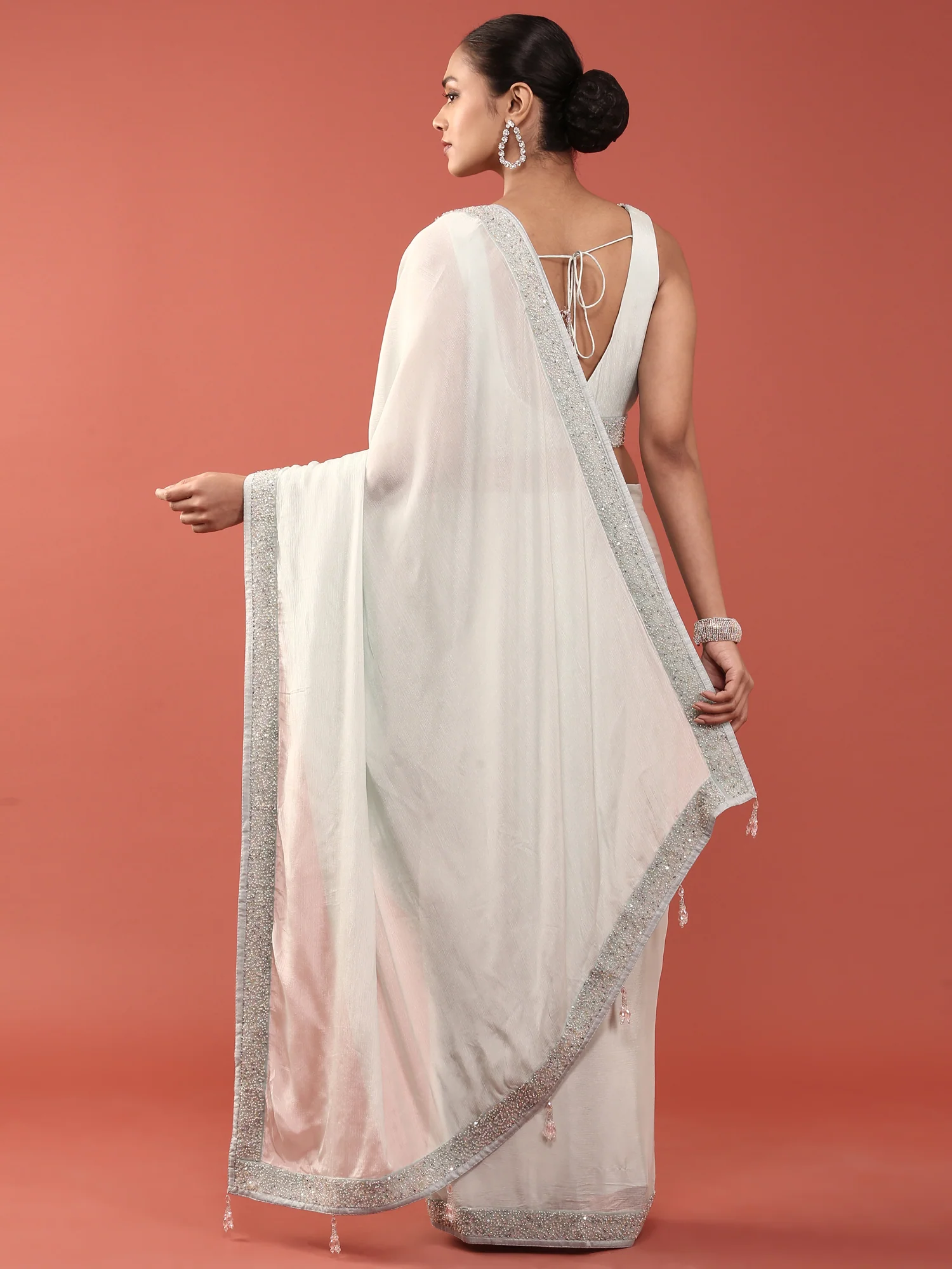 Sea Blue Crepe Stone And Thread Embroidery Saree With Readymade Blouse - Image 3