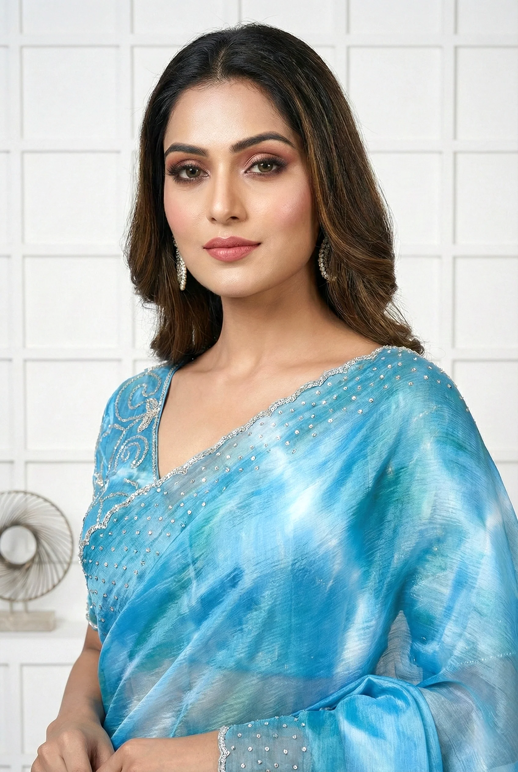 Sea Blue Jimmy Choo Stone Embroidery Saree - Image 2