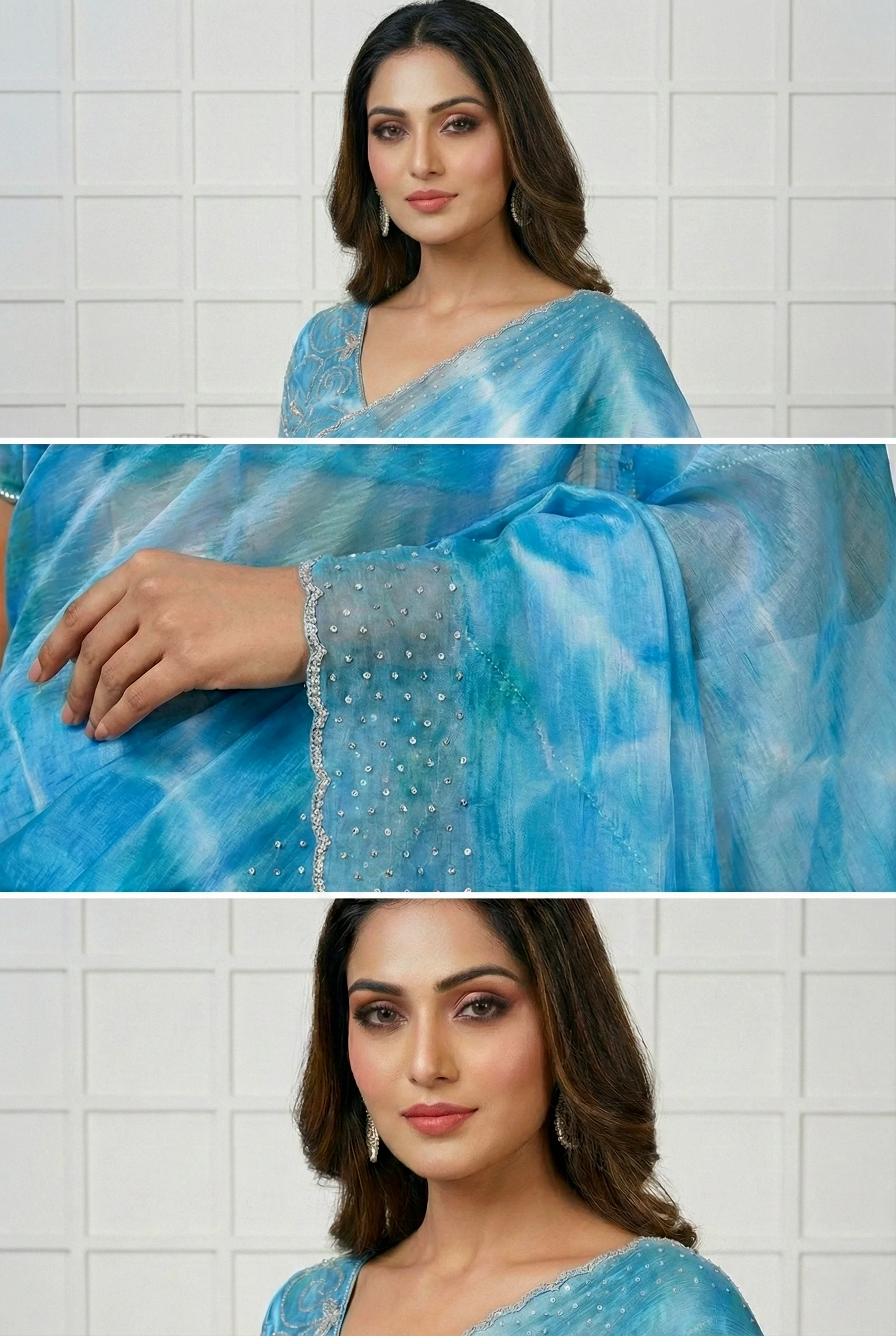 Sea Blue Jimmy Choo Stone Embroidery Saree - Image 3