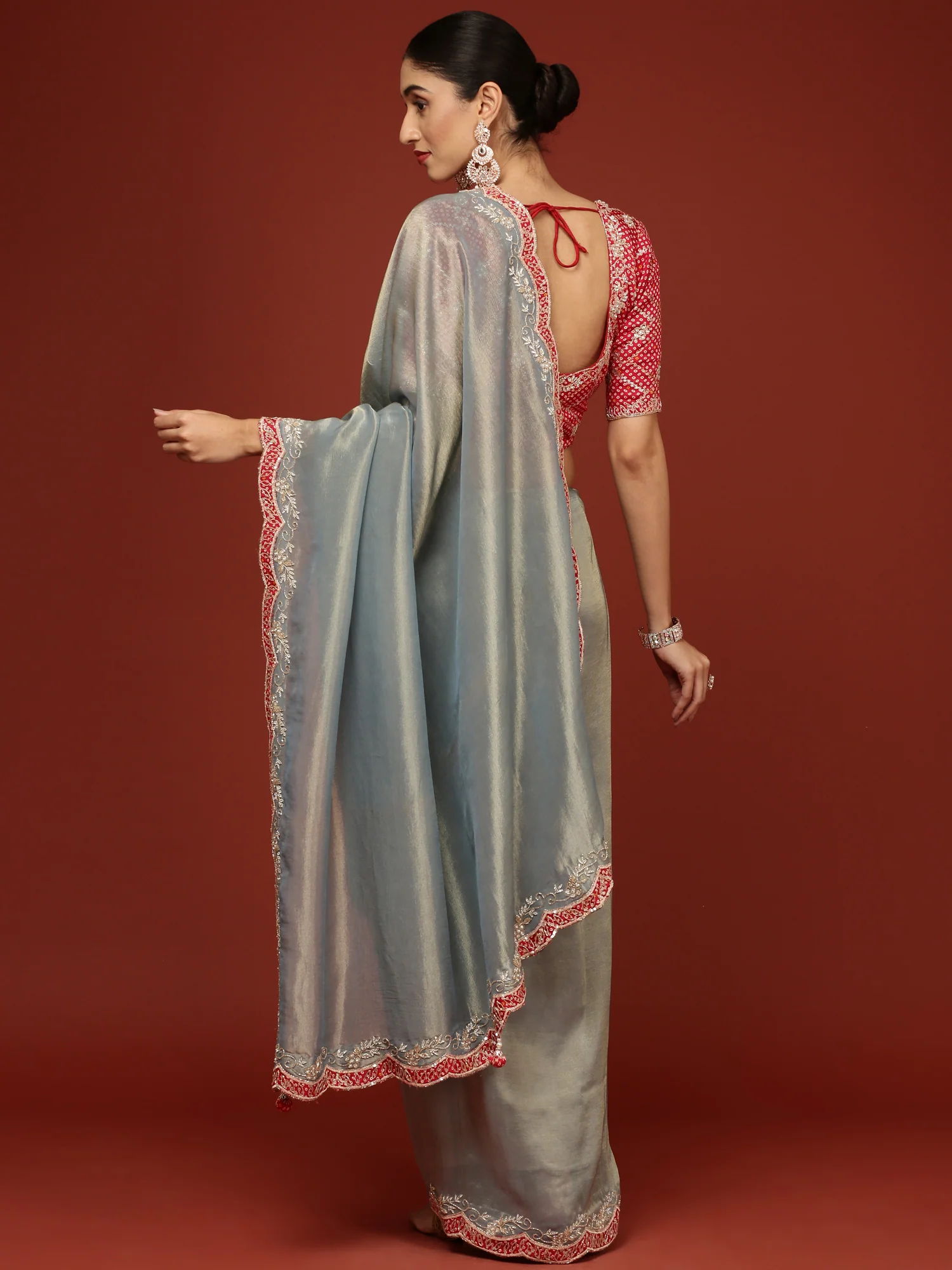 Sea Blue Tissue Embroidery Saree With Readymade Blouse - Image 3