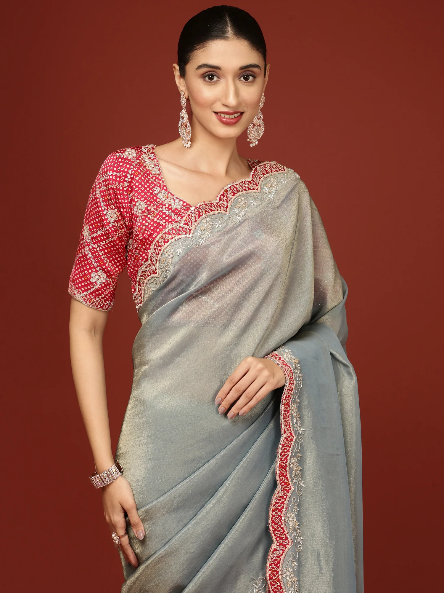 Sea Blue Tissue Embroidery Saree With Readymade Blouse - Image 4