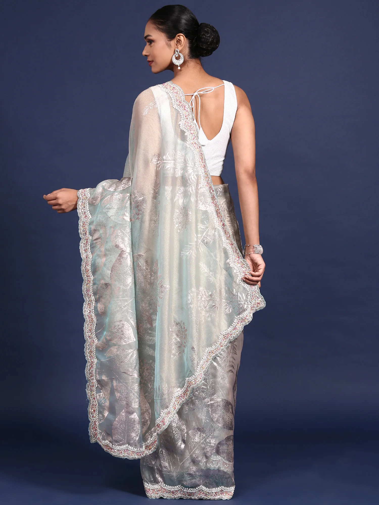 Sea Blue Tissue Sequins Embroidery Saree - Image 3