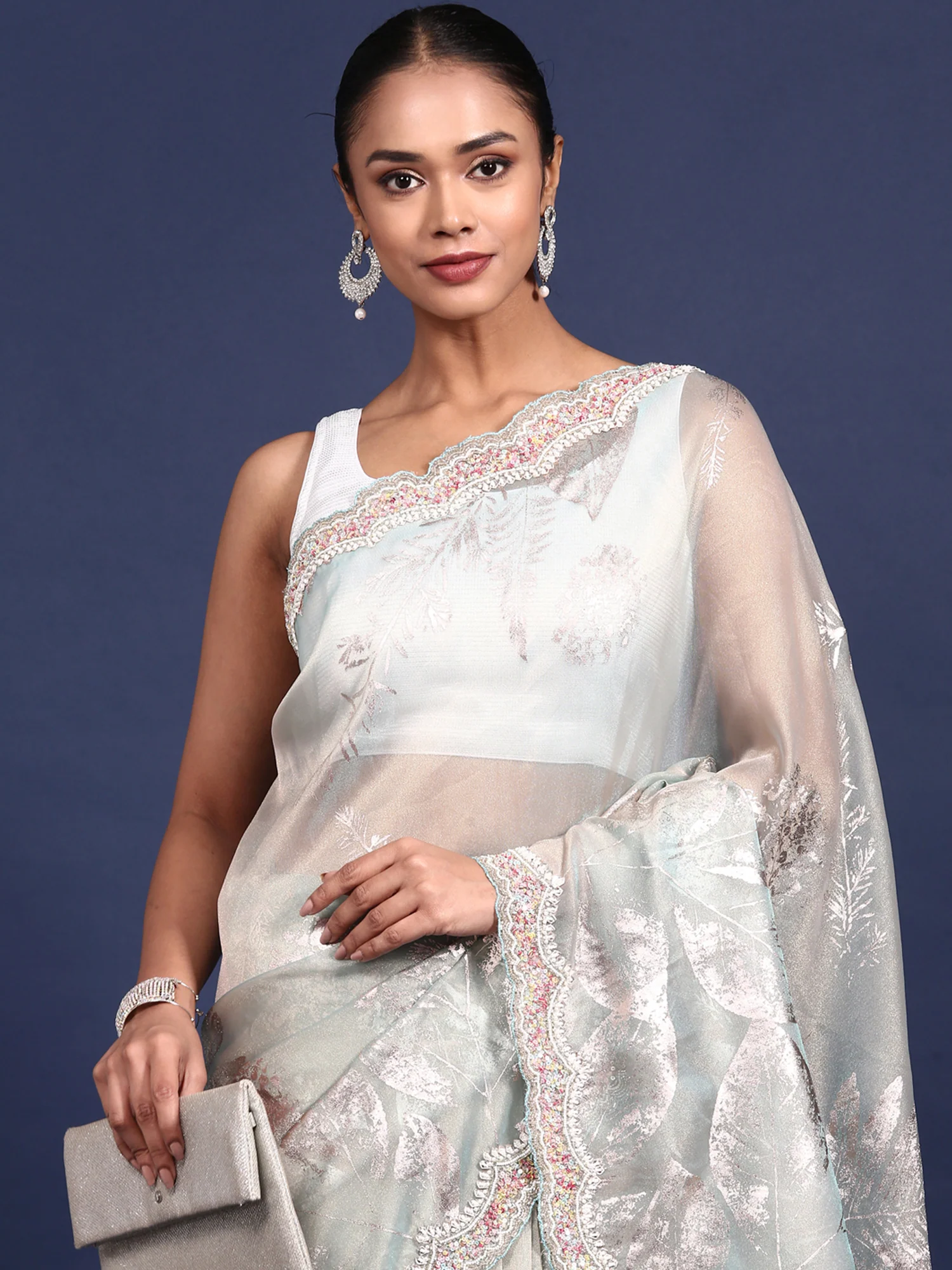 Sea Blue Tissue Sequins Embroidery Saree - Image 4