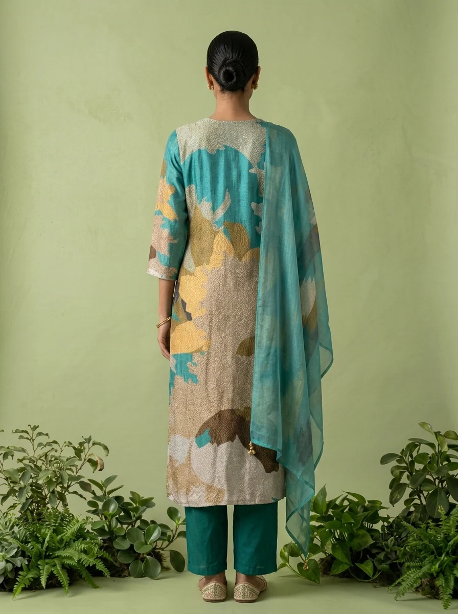 Sea Green And Beige Rayon Abstract Printed Three Piece Set - Image 3