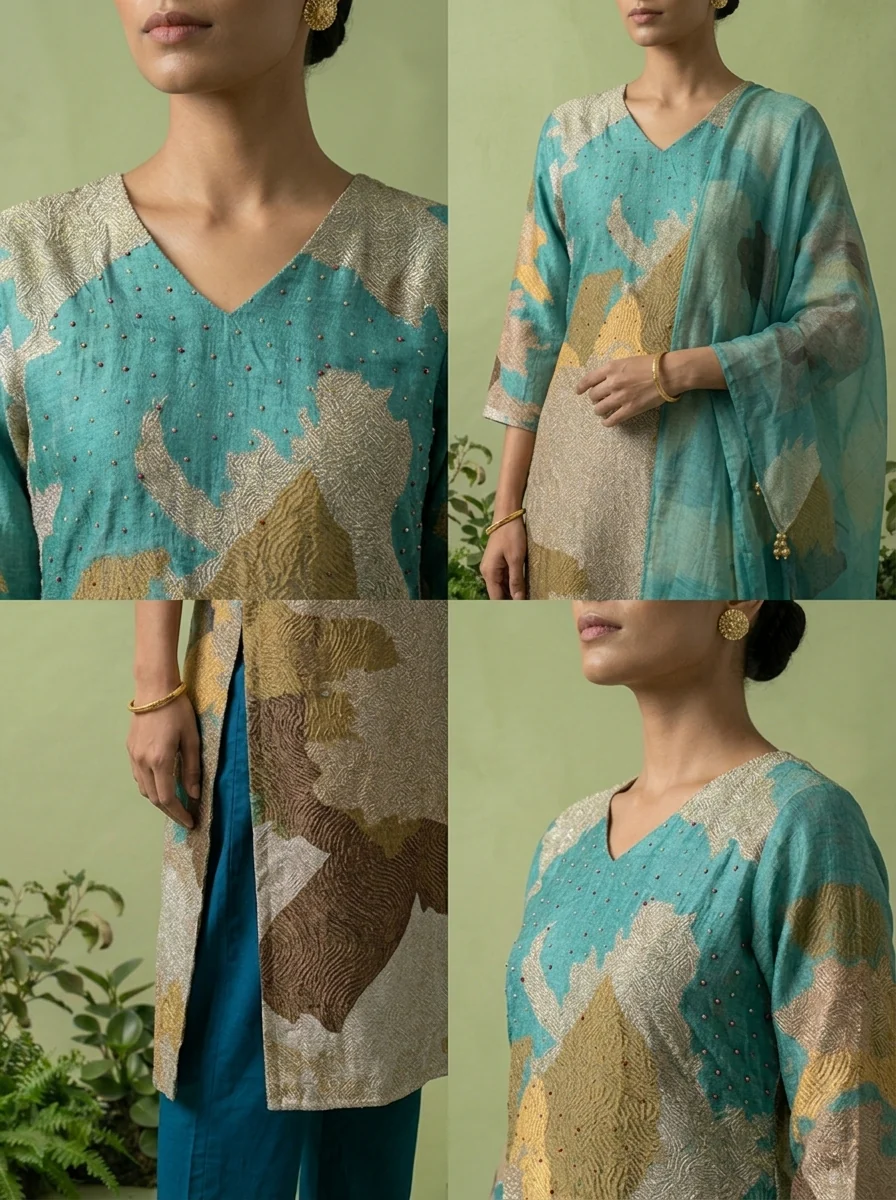Sea Green And Beige Rayon Abstract Printed Three Piece Set - Image 5