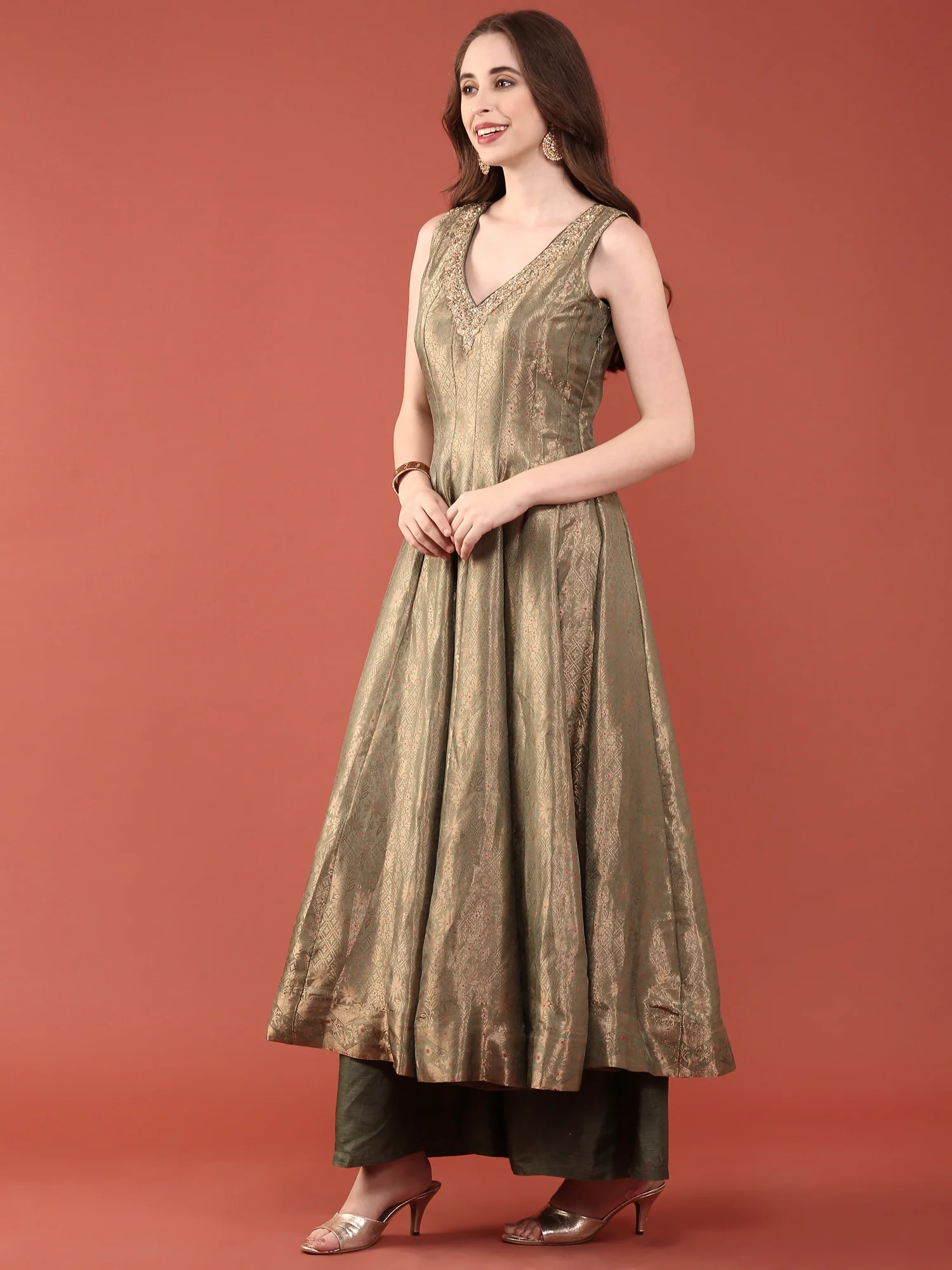 Sea Green Banaras Silk Anarkali Set - Image 2