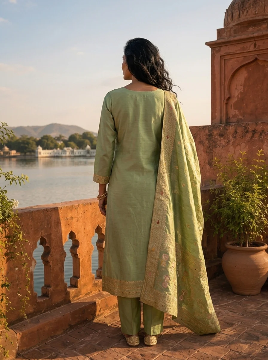 Sea Green Banaras Silk Scrolling Creeper Pattern Weaved Three Piece Set - Image 2