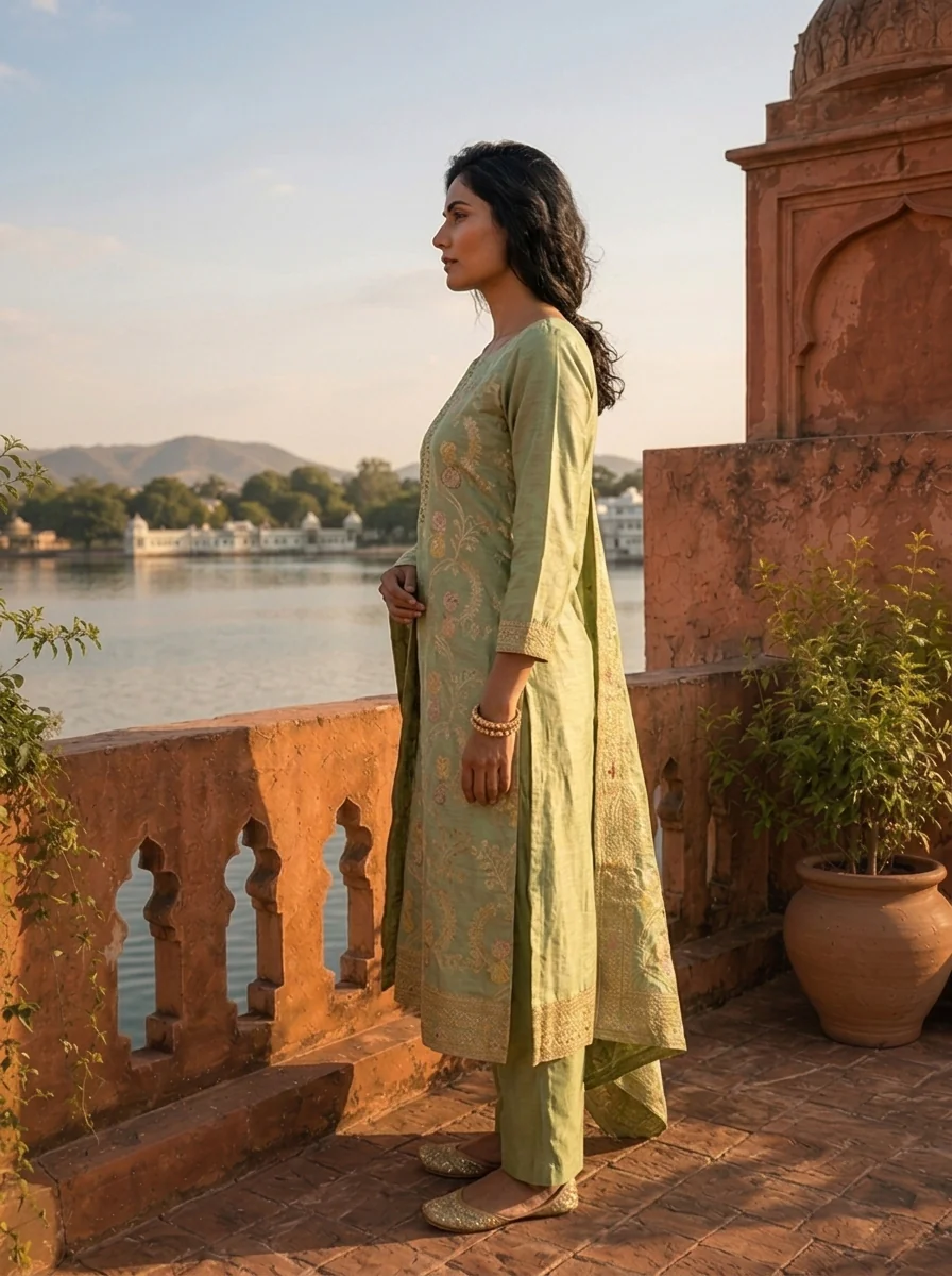 Sea Green Banaras Silk Scrolling Creeper Pattern Weaved Three Piece Set - Image 3