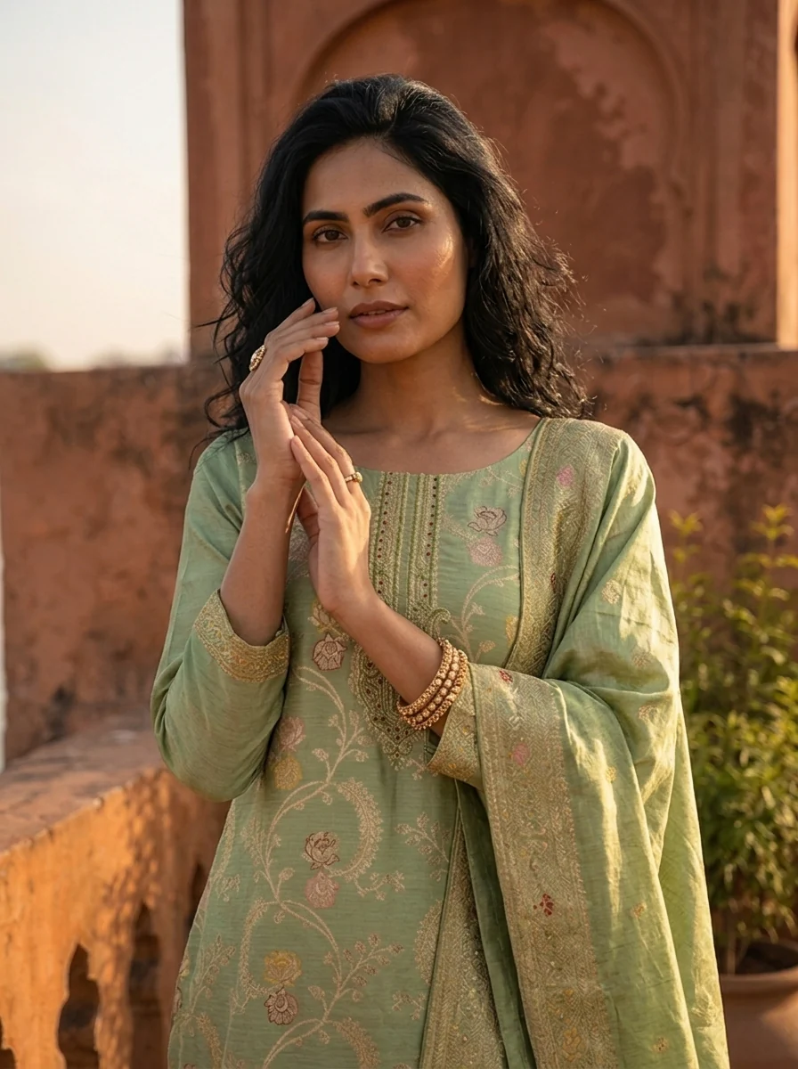 Sea Green Banaras Silk Scrolling Creeper Pattern Weaved Three Piece Set - Image 4